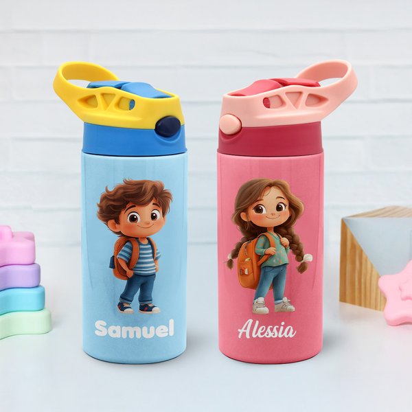 Borraccia termica 355 ml personalizzata con nome e personaggio, coperchio antigoccia con cannuccia - Regalo per bambini e ragazzi