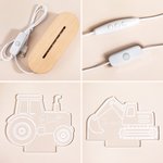 Personlig grävmaskin traktor design justerbar LED nattlampa med namn och träbas för barnrum doppresent födelsedagspresent för pojkar