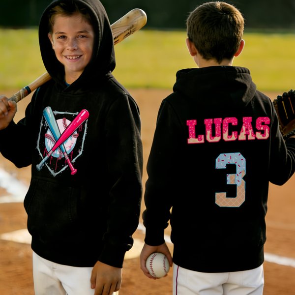 Personalised Drip Baseball Soft Children's T-shirt Sweatshirt Hoodie with Name and Number Game Day Birthday Gift for Baseball Players