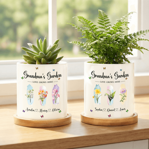 Personalised Birth Flower Plant Ceramic Pot and Bamboo Base with Name Mother's Day Gift for Grandma Mommy