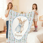 Personalised Bunny Floral Stripes Throw Blanket with Name Home Decor Nursery Bedding Easter Birthday Gift for Kids Newborns