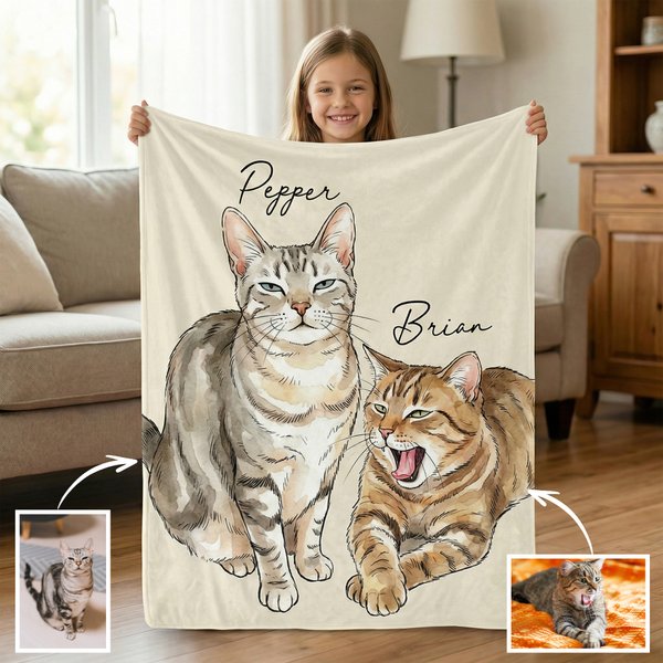 Personalised Watercolor Hand-Painted Style Photo Throw Blanket with Name Home Decor Birthday Pet Memorial Gift for Pet Owners Lovers