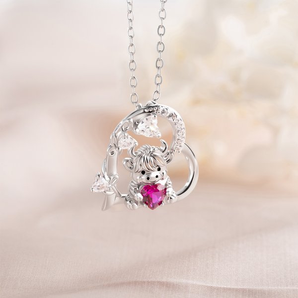 Highland Cow Hugging Birthday Love - Personalised Heart Pendant Birthstone Sterling Silver Necklace