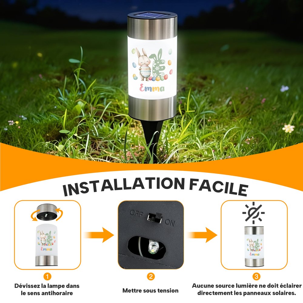 Lampe solaire de jardin étanche personnalisée avec motif de lapin nom et initiale - Cadeau de fête de Pâques pour la famille et les enfants 10