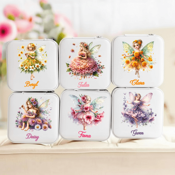 Personalized Birth Flower Elf Girl PU Leather Jewelry Box with Name Travel Essentials Wedding Bridal Shower Gift for Women