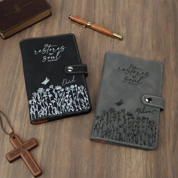 Personalized He Restores My Soul Flower PU Leather Journal Notebook with Name and Snap Button Closure Daily Use Birthday Gift for Christians