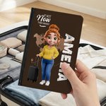 Personalized 3D Cartoon Character Airplane Map PU Leather Passport Holder with Name Travel Essential Birthday Gift for Him Her