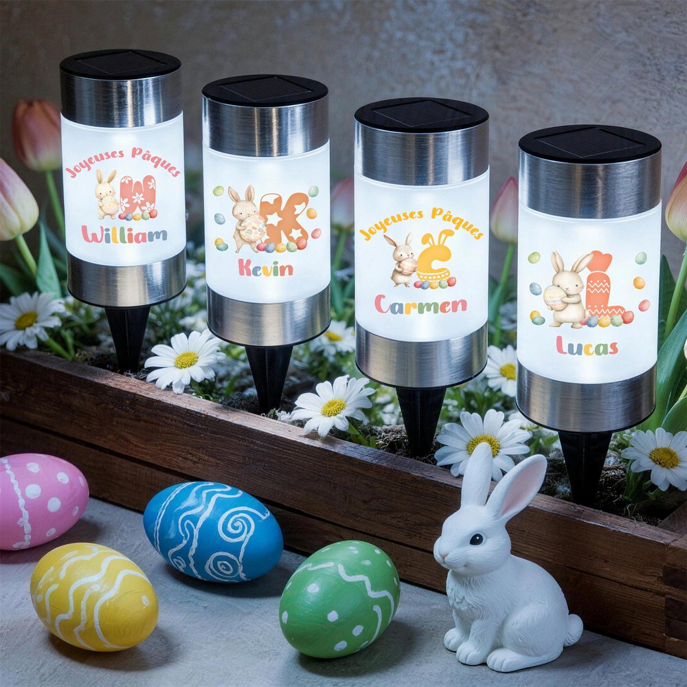 Lampe solaire de jardin étanche personnalisée avec motif de lapin nom et initiale - Cadeau de fête de Pâques pour la famille et les enfants 4