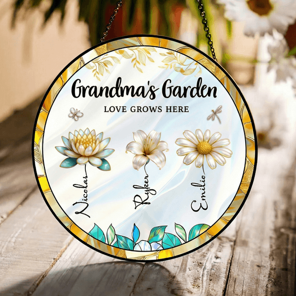 Personalized Birth Flower Sun Catcher Glass Acrylic Ornament with Name and Diamond Window Decoration Birthday Gift for Mom Grandma
