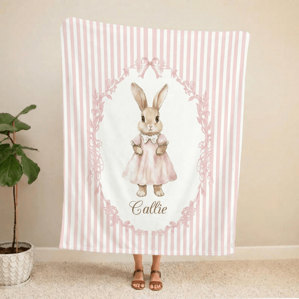 Personalised Bunny Floral Stripes Throw Blanket with Name Home Decor Nursery Bedding Easter Birthday Gift for Kids Newborns