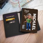 Personalized 3D Cartoon Character Airplane Map PU Leather Passport Holder with Name Travel Essential Birthday Gift for Him Her