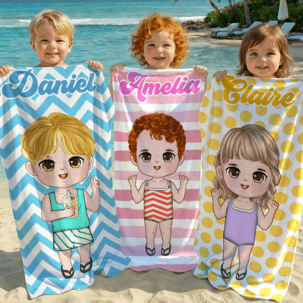 Toalla de playa y bolsa de cordón personalizadas con el nombre de un personaje de dibujos animados a rayas de secado rápido para regalo de vacaciones de verano de cumpleaños de viaje para niños y fami