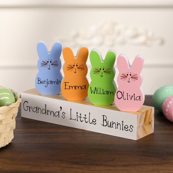 Personalized 1-15 Easter Bunnies Family Wooden Block Set with Name Colourful Blushing Bunny Home Decoration Easter Gift for Mom Grandma