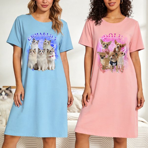 Camicia da notte personalizzata multicolore con 5 foto di animali domestici, con nome, da indossare tutti i giorni, regalo di compleanno e anniversario per la donna che ama gli animali.