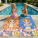 Personalised Cartoon Beach Character Quick Dry Oversized Beach Towel with Name and Drawstring Bag Summer Vacation Party Birthday Gift for Kids Family