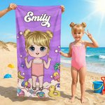 Personalisiertes Strandtuch mit Cartoonfigur und Hintergrund in Bonbon-Farben Optional mit Turnbeutel Sommerausflug Geschenk für Kinder und Familie