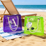 Personalisierte Strandtasche mit irisierender Geburtsblume und Initiale | mit Namen | Transparent | Tote Bag | Sommer Urlaub JGA Geschenk für Frauen