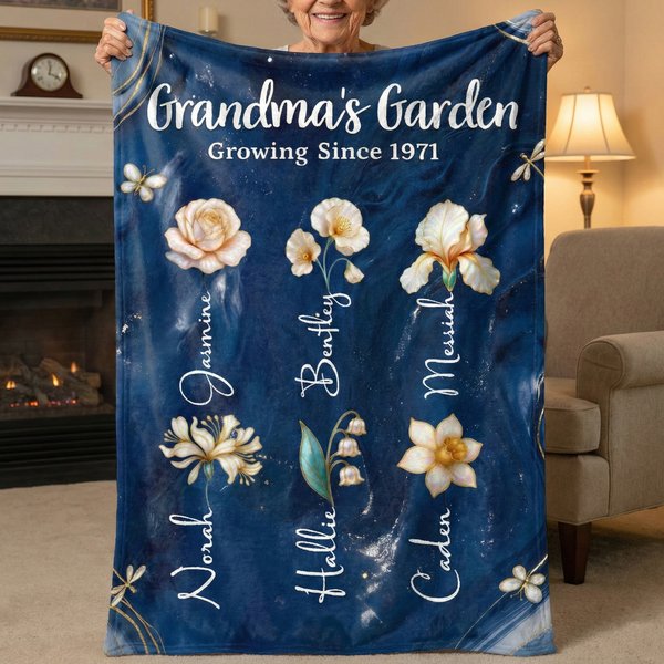 Personalized 1-10 Birth Flowers Soft Throw Blanket with Names and Year Home Decor Mother's Day Birthday Gift for Mom Grandma