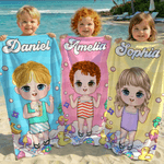 Personalisiertes Strandtuch mit Cartoonfigur und Hintergrund in Bonbon-Farben Optional mit Turnbeutel Sommerausflug Geschenk für Kinder und Familie