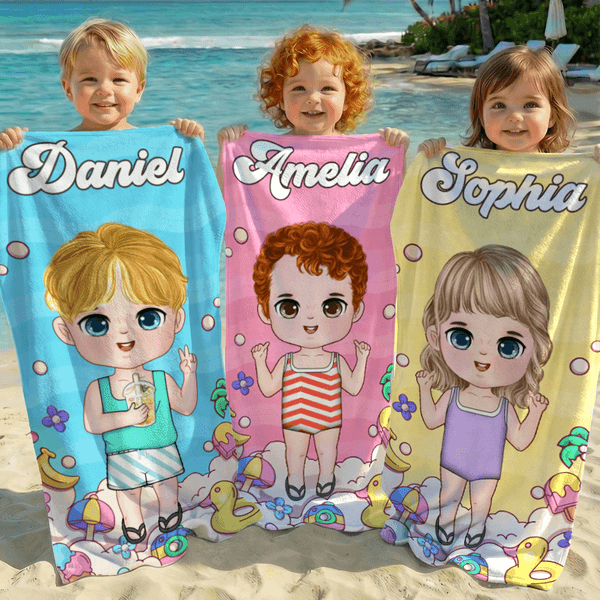 Telo mare personalizzato in microfibra con nome e personaggio animato, oversize, antisabbia, asciugatura rapida - Regalo per bambini e famiglia