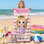 Personalizzato Cartoon Character Stripe Quick Dry Asciugamano da spiaggia e borsa con coulisse con nome Viaggio Compleanno Vacanze estive Regalo per bambini Famiglia