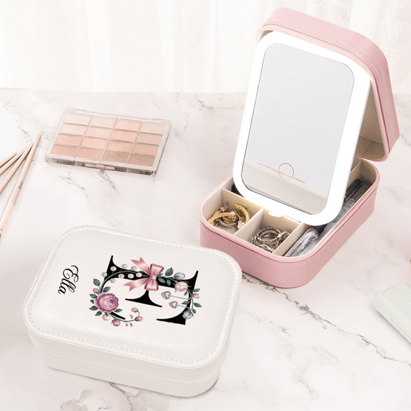 Personalized Elegant Initial Multi-Compartment Name Jewelry Box with LED Makeup Mirror Travel Accessories Birthday Gift for Mom and Grandma