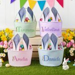 Cestino pasquale personalizzato in stile Peter Rabbit con nome e iniziali, con orecchie di coniglio a strisce - Regalo di Pasqua per bambini