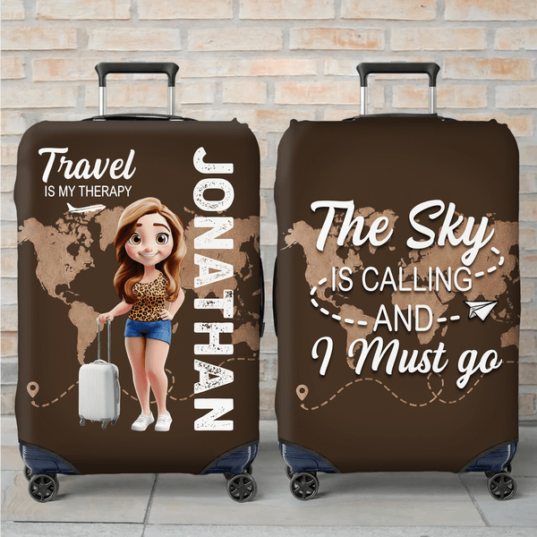 Personalized 3D Cartoon Character Airplane Map Luggage Cover Fits 18-32 Inches Suitcase with Name Travel Use Birthday Gift for Family Friends