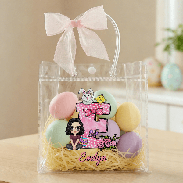 Personalised Cute Cartoon Character Initial Easter Gift Bag with Name and Bow Easter Party Gift for Children