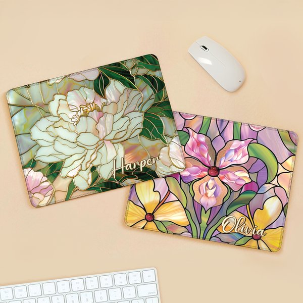 Personalised Retro Stained Glass Floral Mouse Pad Desk Mat with Name Office Birthday Gift for Women Coworkers Friends