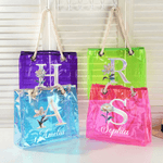 Personalisierte Strandtasche mit irisierender Geburtsblume und Initiale | mit Namen | Transparent | Tote Bag | Sommer Urlaub JGA Geschenk für Frauen