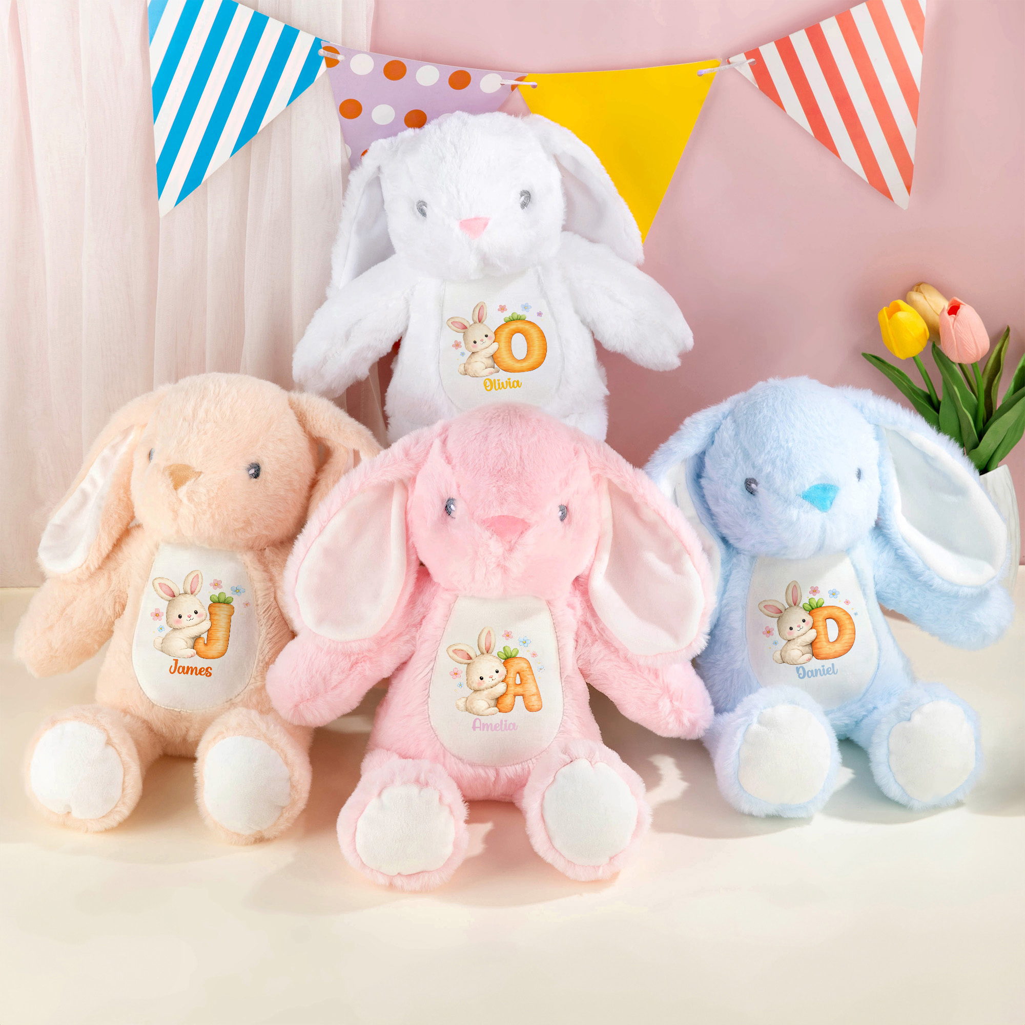 Personalisierte niedliche Kaninchen Hase Ostern Hase Plüschtier mit Namen und Initialen Ostereierjagd Geschenk für Kinder Jungen Mädchen