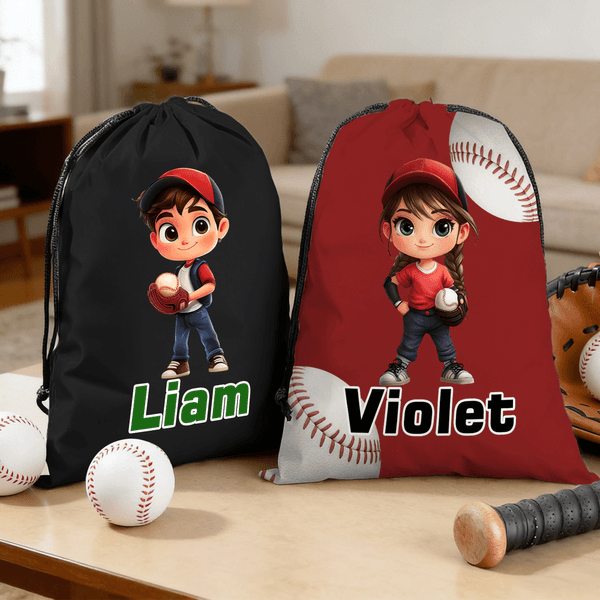 Personalised Cartoon Character Baseball Drawstring Bag with Name Birthday Game Day Gift for Kid Baseball Player