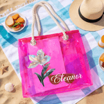 Personalisierte Strandtasche mit irisierender Geburtsblume und Initiale | mit Namen | Transparent | Tote Bag | Sommer Urlaub JGA Geschenk für Frauen