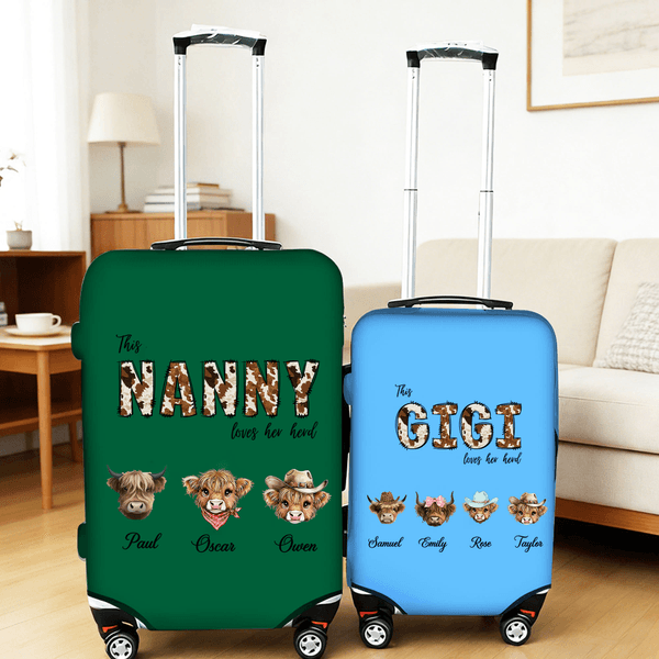 Personalized 1-8 Cute Highland Cows Luggage Protective Cover with Names Travel Essentials Birthday Gift for Travel Lover Mom Grandma
