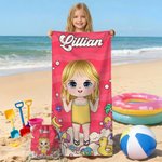 Personalised Cartoon Beach Character Quick Dry Oversized Beach Towel with Name and Drawstring Bag Summer Vacation Party Birthday Gift for Kids Family
