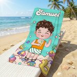 Personalised Cartoon Beach Character Quick Dry Oversized Beach Towel with Name and Drawstring Bag Summer Vacation Party Birthday Gift for Kids Family