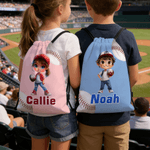 Personalised Cartoon Character Baseball Drawstring Bag with Name Birthday Game Day Gift for Kid Baseball Player