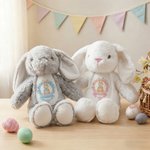 Personalised Wreath Bow Rabbit Design Stuffed Bunny Plush Toy with Name and Year First Easter Baby Shower Gift for Babies Kids