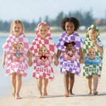Personalizada 3D Cartoon Character Swim Ring Plaid Soft Hooded Beach Towel with Name Travel Essentials Summer Vacation Birthday Gift for Boys Girls