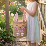 Personalised Cute Bunny Design Jute Bucket Basket with Name and Bunny Ears Easter Egg Hunting Easter Party Favors Gift for Kids Toddlers