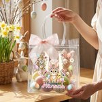 Personalised Pink Bow Ribbon Colourful Easter Eggs Rabbit Chicks Clear Gift Bag with Name and Initial Easter Party Favors Gift for Kids