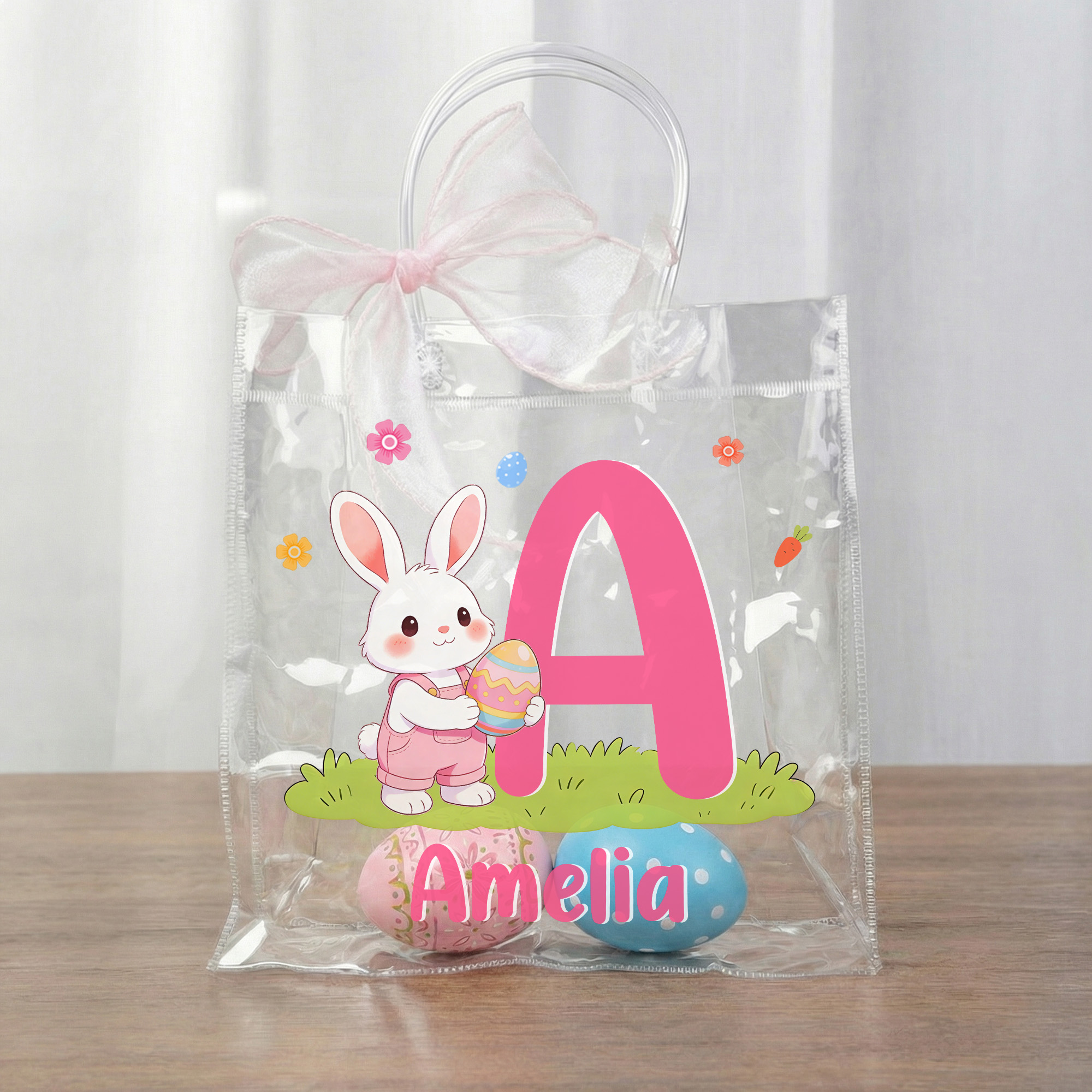 Personalisierte rosa Schleife niedliche Kaninchen Osterei transparente Geschenktüte mit Namen und Initialen täglichen Gebrauch Ostergeschenk für Jungen Mädchen Kinder