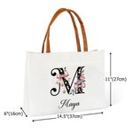 Personalizada Floral Lazo Inicial Gran Capacidad Bolsa de Lona Tote con Nombre y Asa de Piel de PU Regalo de Cumpleaños de Dama de Honor para Mujer