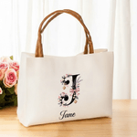 Personalised Floral Bow Initial Large Capacity Canvas Tote Bag with Name and PU Leather Handle Birthday Bridesmaid Gift for Women