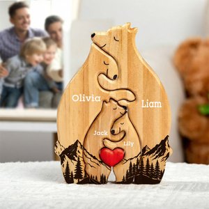 Personalized Wooden Red Heart Cute Hugging Bear Family Puzzle with 2-8 Names Desk Decor Birthday Mother's Day Gift for Mother Grandma Family