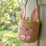 Personalised Cute Bunny Design Jute Bucket Basket with Name and Bunny Ears Easter Egg Hunting Easter Party Favors Gift for Kids Toddlers