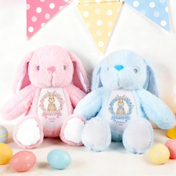 Personalised Wreath Bow Rabbit Design Stuffed Bunny Plush Toy with Name and Year First Easter Baby Shower Gift for Babies Kids