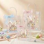 Personalised Pink Bow Ribbon Colourful Easter Eggs Rabbit Chicks Clear Gift Bag with Name and Initial Easter Party Favors Gift for Kids