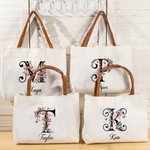 Personalizada Floral Lazo Inicial Gran Capacidad Bolsa de Lona Tote con Nombre y Asa de Piel de PU Regalo de Cumpleaños de Dama de Honor para Mujer